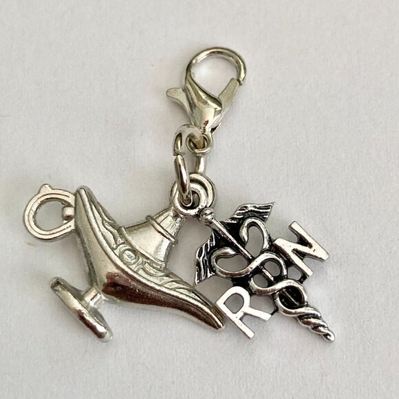 RN Nursing Caduceus Lamp Clip On Charm Zipper Pull Purse Charm Silver Plated - Picture 3 of 8